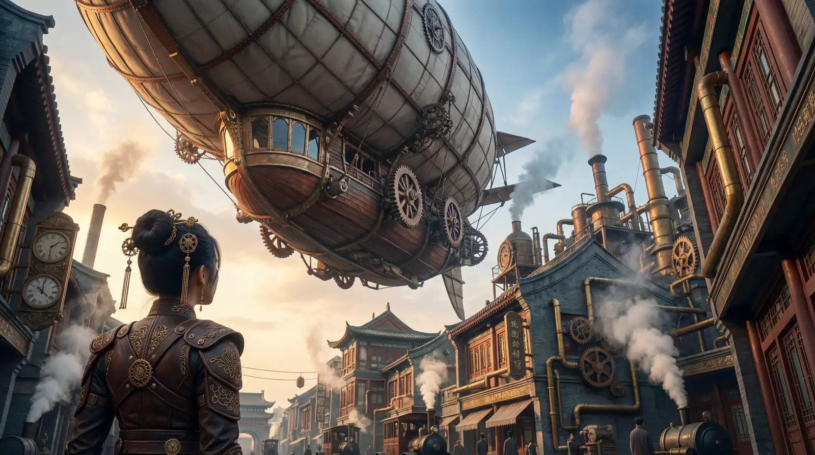 Zenisis world-building artwork showing a steampunk airship flying above an Eastern-inspired city